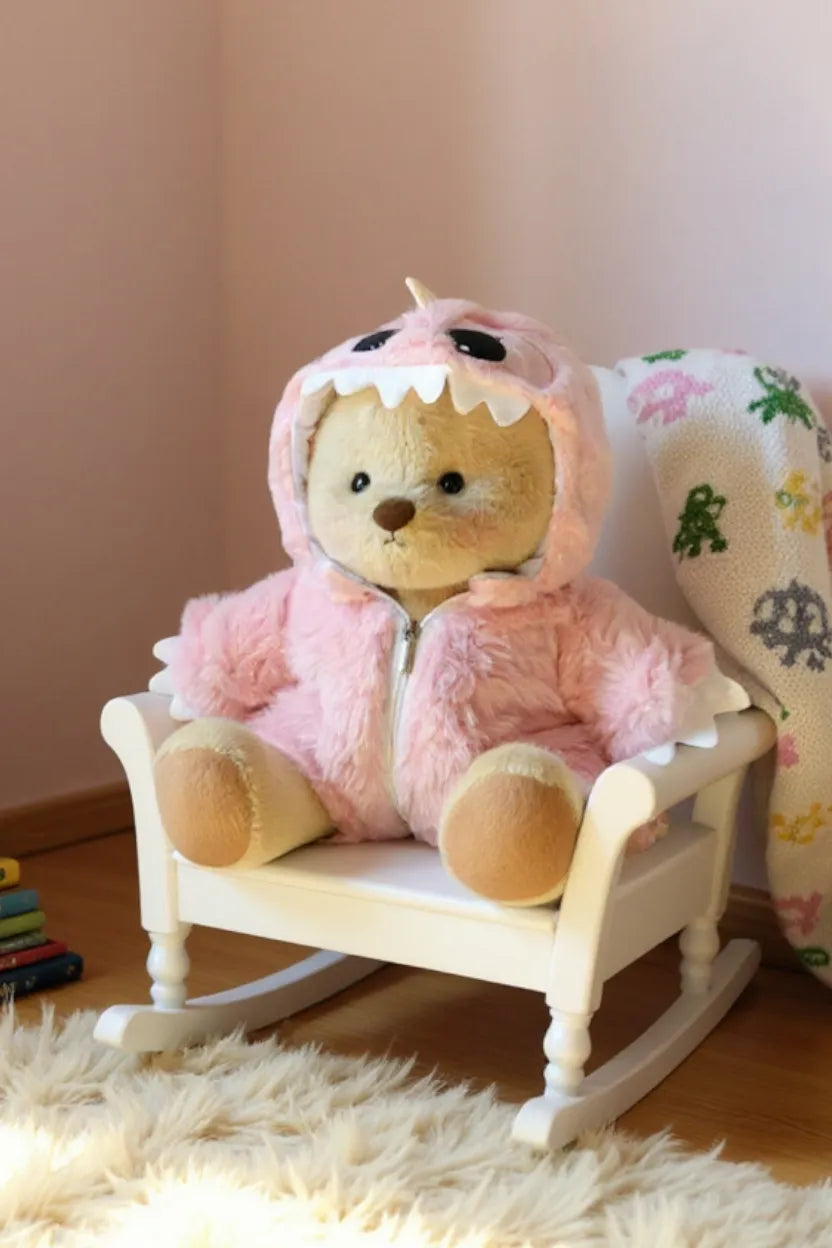 30cm-es plüssmackó és pink dinoszauruszos overál